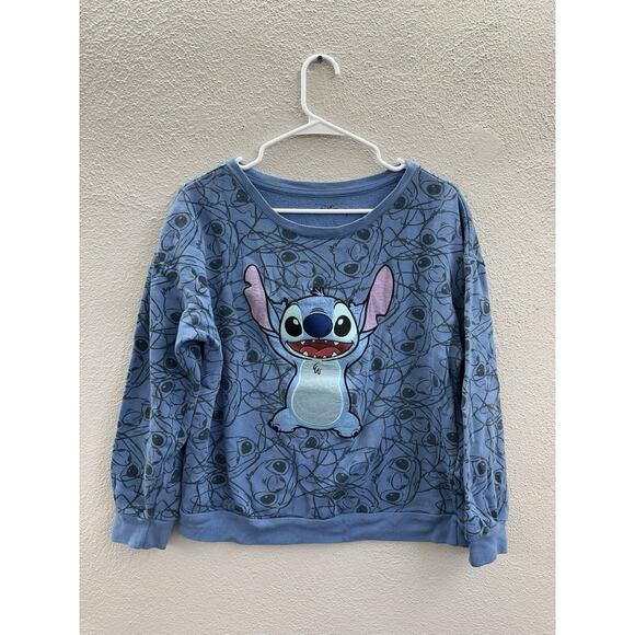 Disney Womens Teens Sweatshirt Size Large Blue Stitch Crewneck Embroidered - Picture 1 of 10